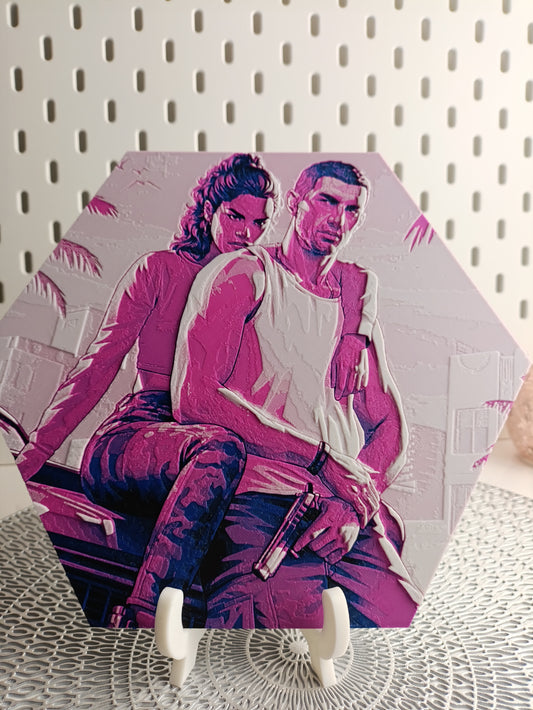 Hexawall – Lucia and Jason from GTA 6 Hexagonal Wall Art with Magnetic System